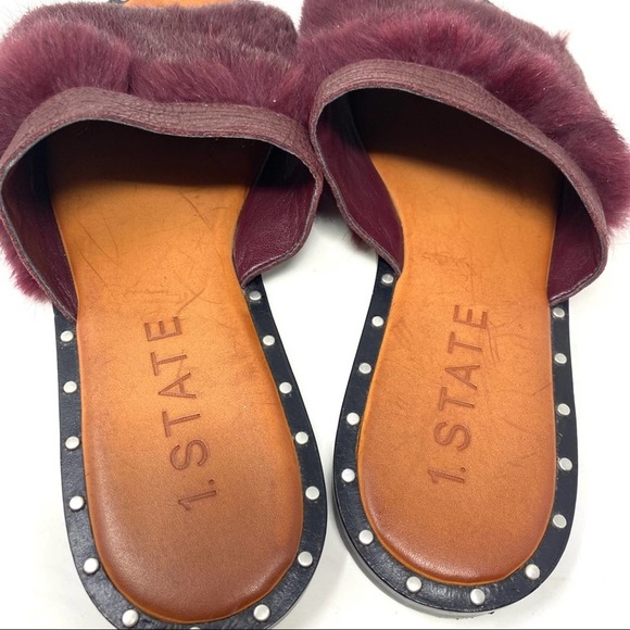 1. State Maroon Purple Red Faux Fur Embellished Leather Flat Sandals - Picture 6 of 8